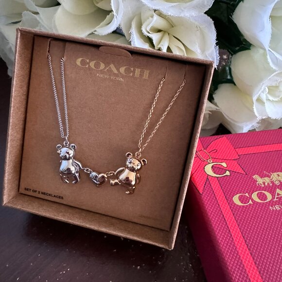 NWT COACH Teddy Bear Heart Friendship Necklace Duo Set CY112 $148 - Picture 1 of 5